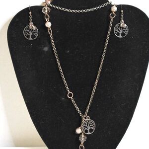 Enchanting Tree Of Life Beaded Brass Tone Dangle Earrings & 32" Stylish Necklace